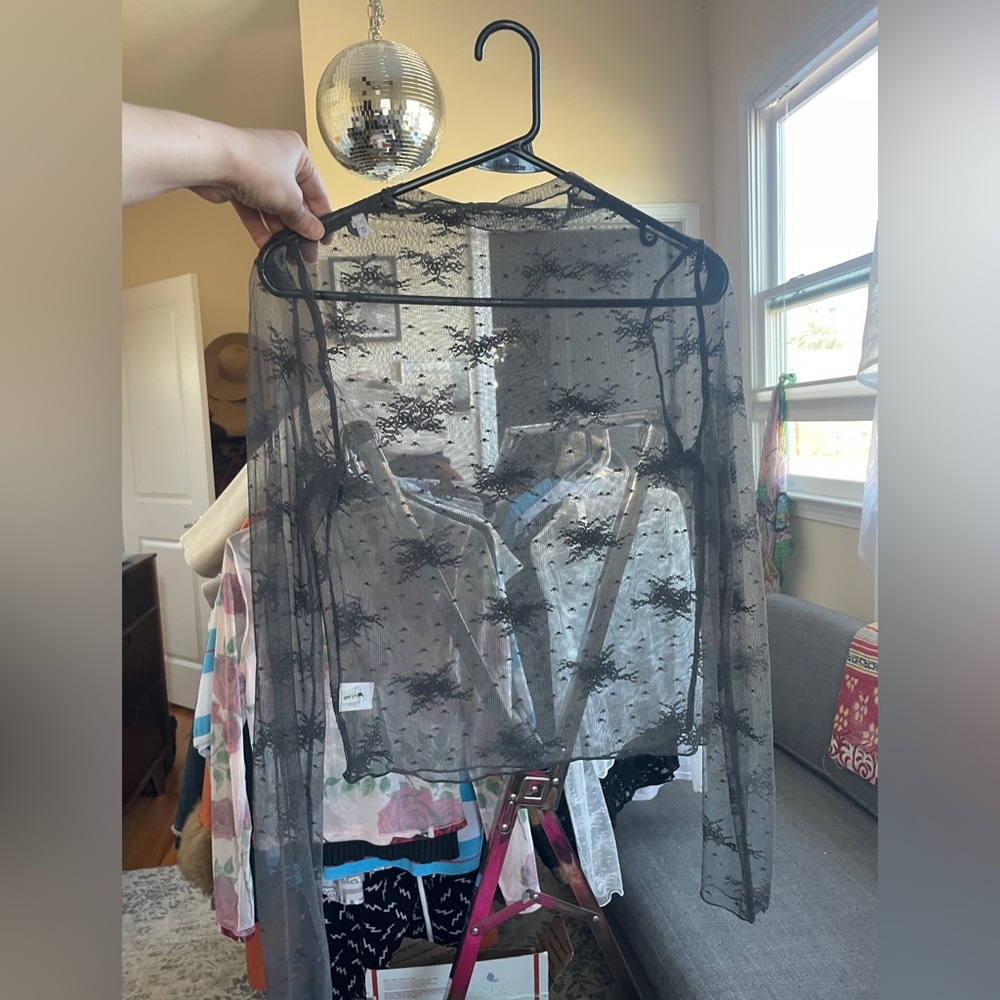 Dark Gray Floral Mesh Mock Neck